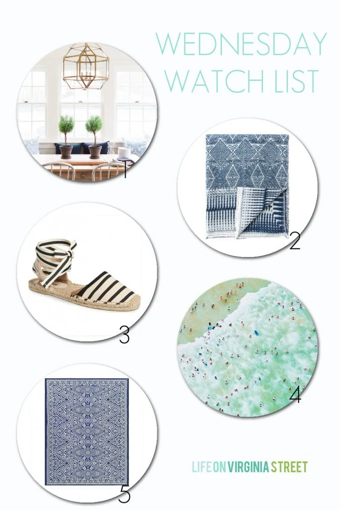 A few of my favorites this week: a beautiful blue and white home tour, an indigo ethnic throw, black and white striped espadrilles, beach photo coffee table book and a perfect blue and white outdoor rug!