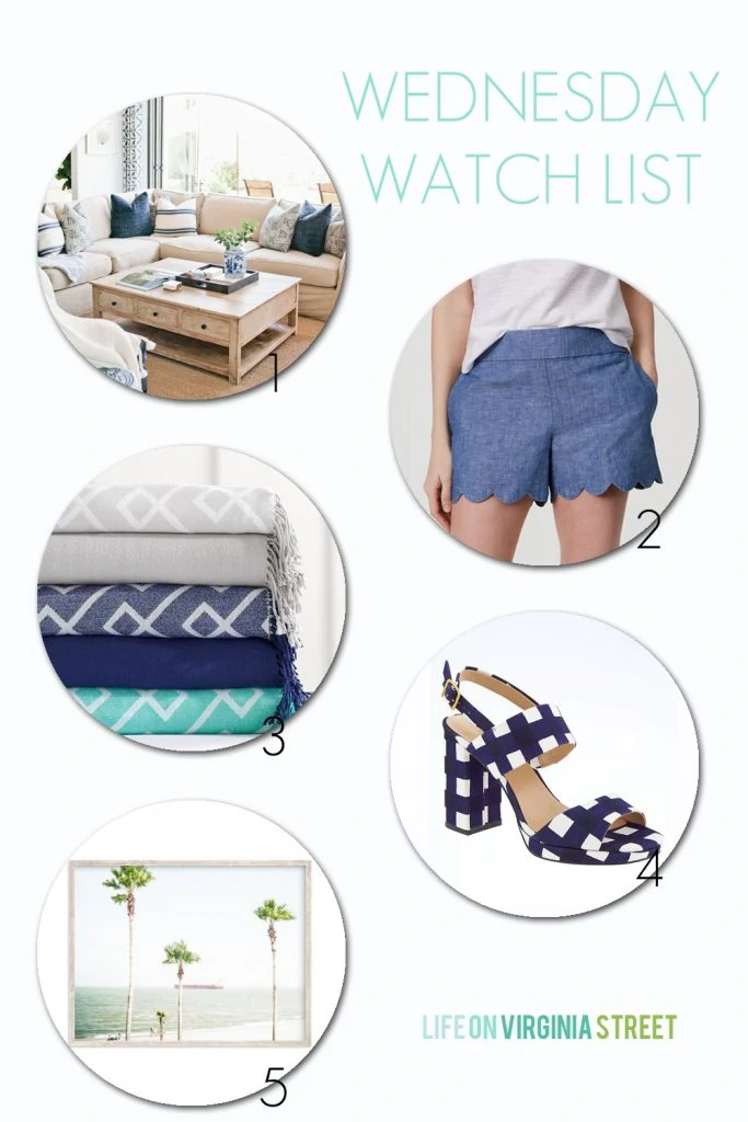 A coastal home tour, chambray scalloped shorts, affordable and stylish throws from an unexpected source, navy blue gingham sandals, and palm tree art and others on sale.