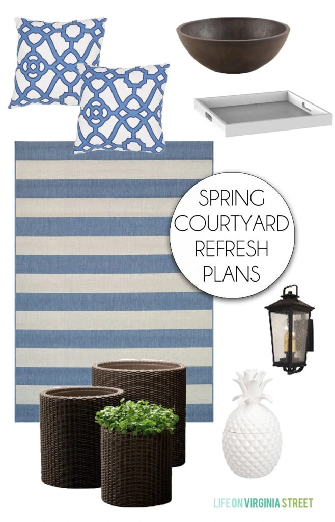 Plans for refreshing an outdoor patio courtyard space. Blue and white striped outdoor rug, blue and white trellis pillows, white ceramic pineapple, woven planters, white serving tray and a planter bowl.