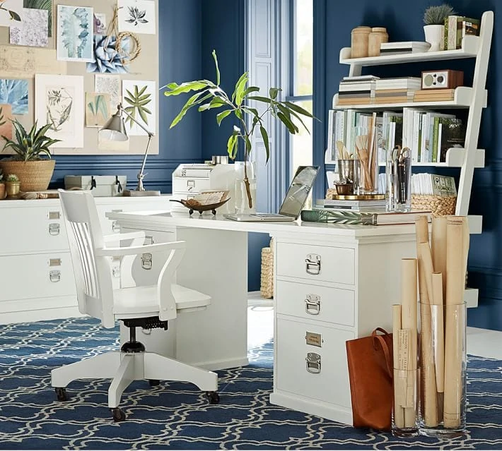 Navy blue and white office space via Pottery Barn