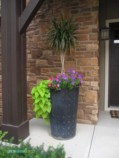 A tall planter with a small palm tree and purple flowers in it.