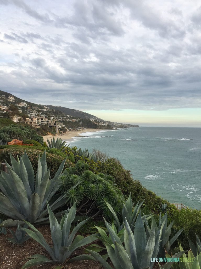 Beautiful view of the ocean from the trails at the Montage hotel. Walking on the rugged ocean trails is a great way to stay active on vacation in Southern California!