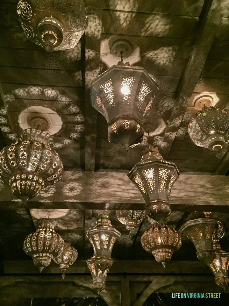 Gorgeous ceiling at the Selanne Steak Tavern with ornate light fixtures.