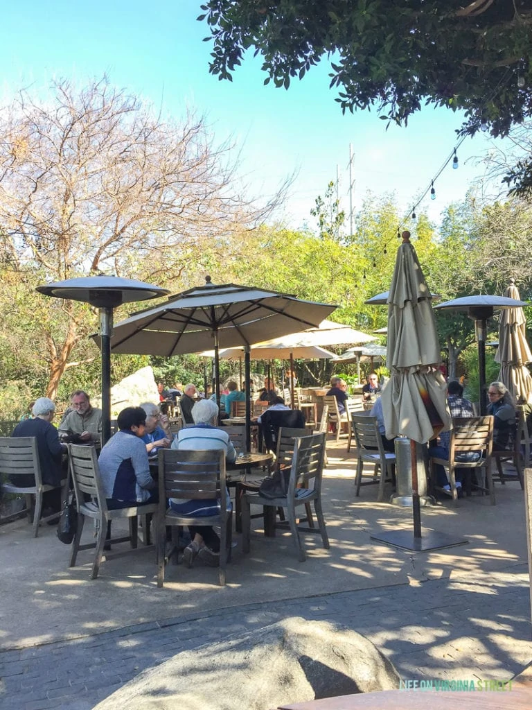 Here's the patio at Stone Brewing in San Diego with people sitting outside on the patio enjoying the beer.