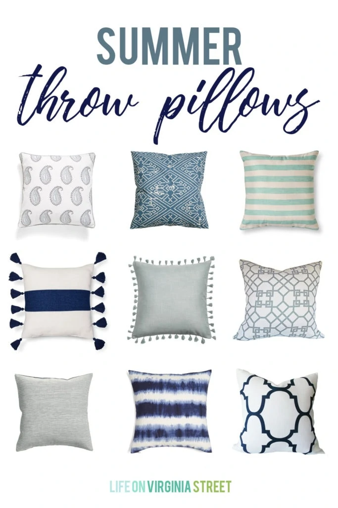 More Summer Throw Pillows! A collection of the cutest and most stylish summer throw pillows. Many of which are under $25! Love the stripes, tassels, and graphic patterns on these blue, navy and white pillows.