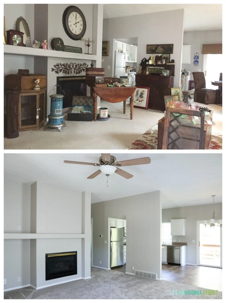 Rental house before and after makeover. The before picture has the dark walls, now all painted a fresh white.