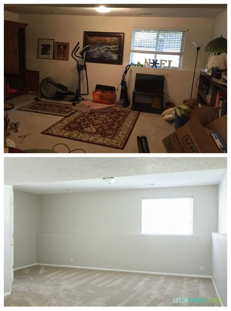 Rental house basement before and after. New paint color is Sherwin Williams Agreeable Gray. Carpet is Dream Weaver Cosmopolitan in Mocha from Nebraska Furniture Mart.
