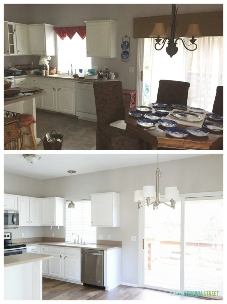 Rental house kitchen and dining makeover. Flooring is Adura Max® Plank Dockside Sand and wall color is Sherwin Williams Agreeable Gray.