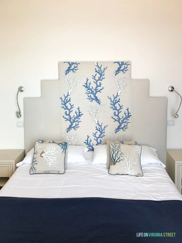 Blue and white bedding in an Italian hotel.
