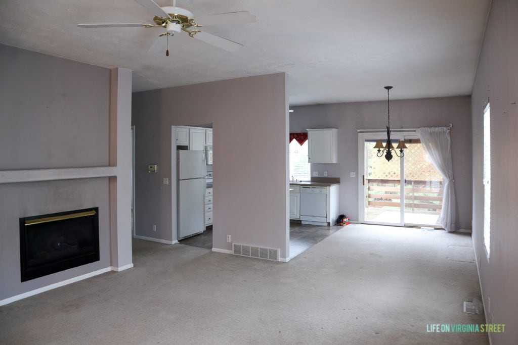 Lavender grey walls in the house, with a ceiling fan.