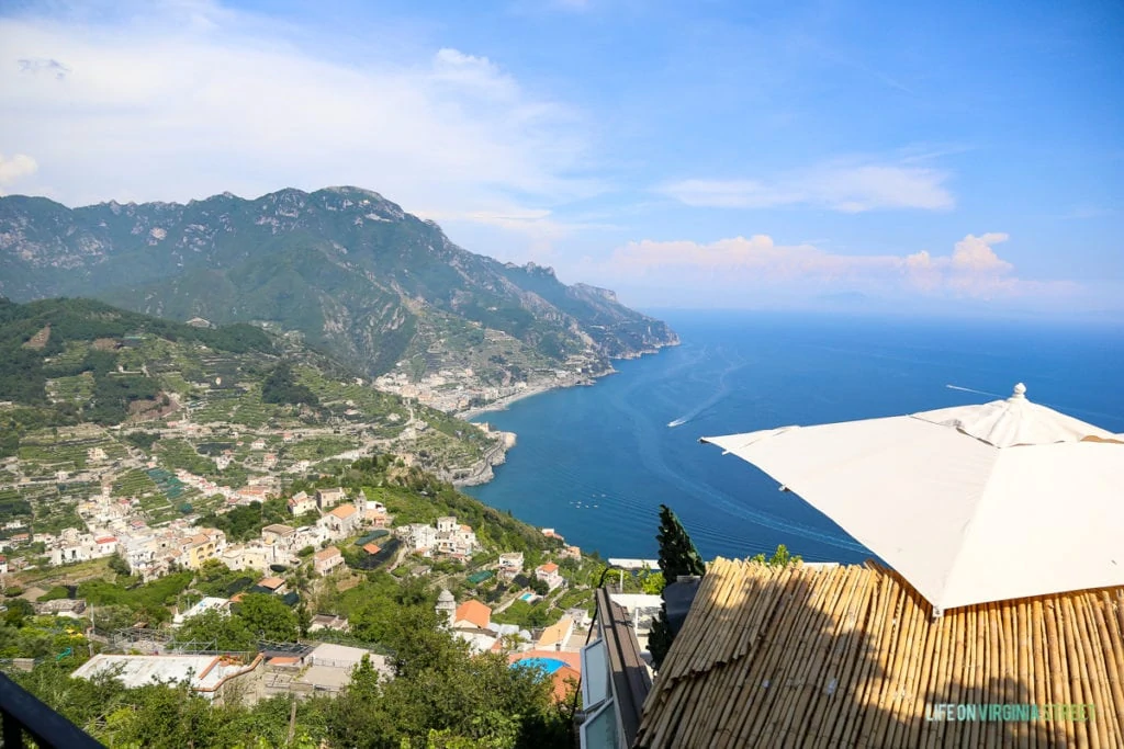 Aerial view of the coastline of the Amalfi Coast.