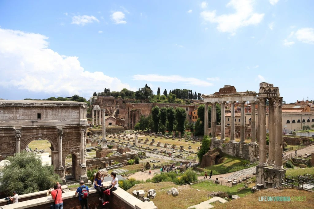 An aerial view of Roman monuments.