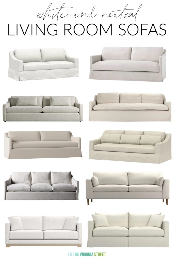 A curated collection of white and neutral sofas for your living room or family room! Includes linen sofas, cotton slipcovered couches, and more! Also includes brands like Crate & Barrel sofas, Pottery Barn couches, and more!