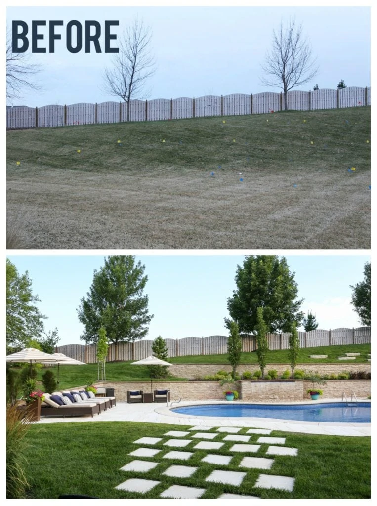 Gorgeous backyard pool renovation. Loving the concrete travertine pavers, checkerboard pathway, navy blue and white striped pillows, neutral decor and beige and white striped umbrellas. Great tips and recommendations on owning a pool.