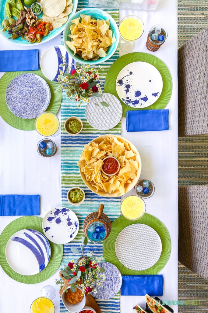 An aerial view of the outdoor table all set for the Mexican taco party.