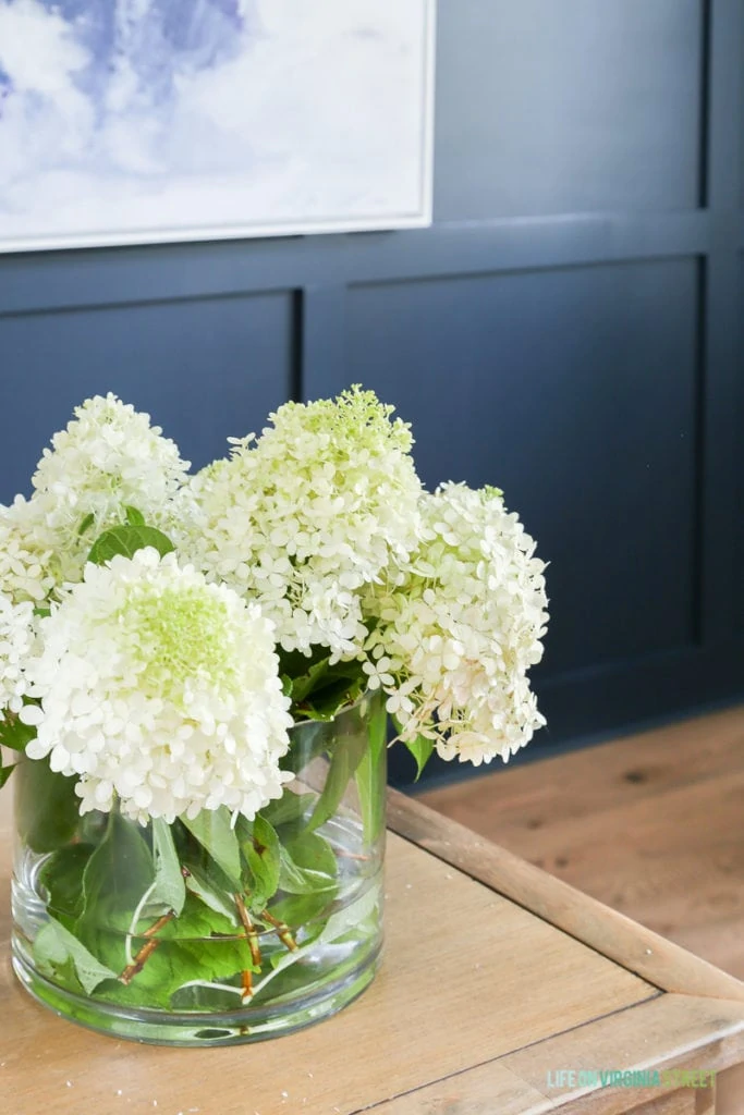 Limelight hydrangeas in a clear glass vase sitting on the desk.