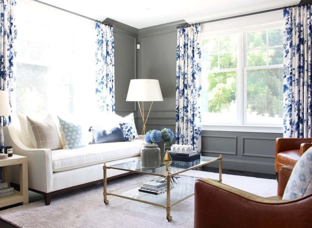 Dark Gray and Blue and White Floral Living Room 