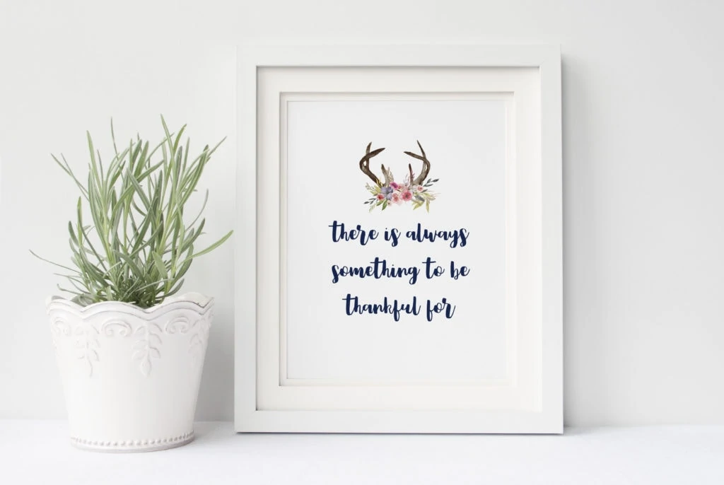There is always something to be thankful for saying with antlers and flowers framed in a white frame.