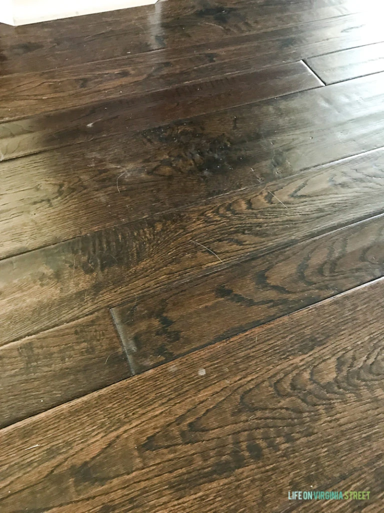 How To Clean Hardwood Floors - water spots from our pool!