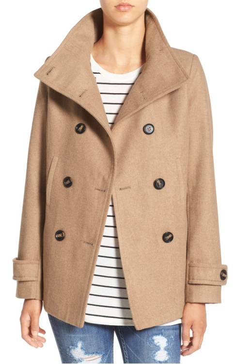 Classic pea coat in camel color.