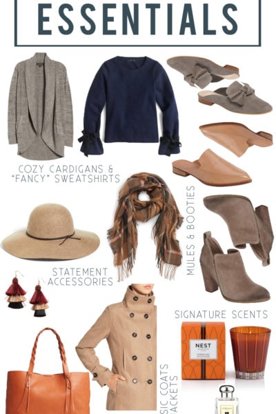 Fall Essentials including cozy cardigans, fancy sweatshirts, best booties and mules, best fall candle, and statement accessories.