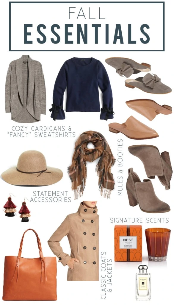 Fall Essentials including cozy cardigans, fancy sweatshirts, best booties and mules, best fall candle, and statement accessories.