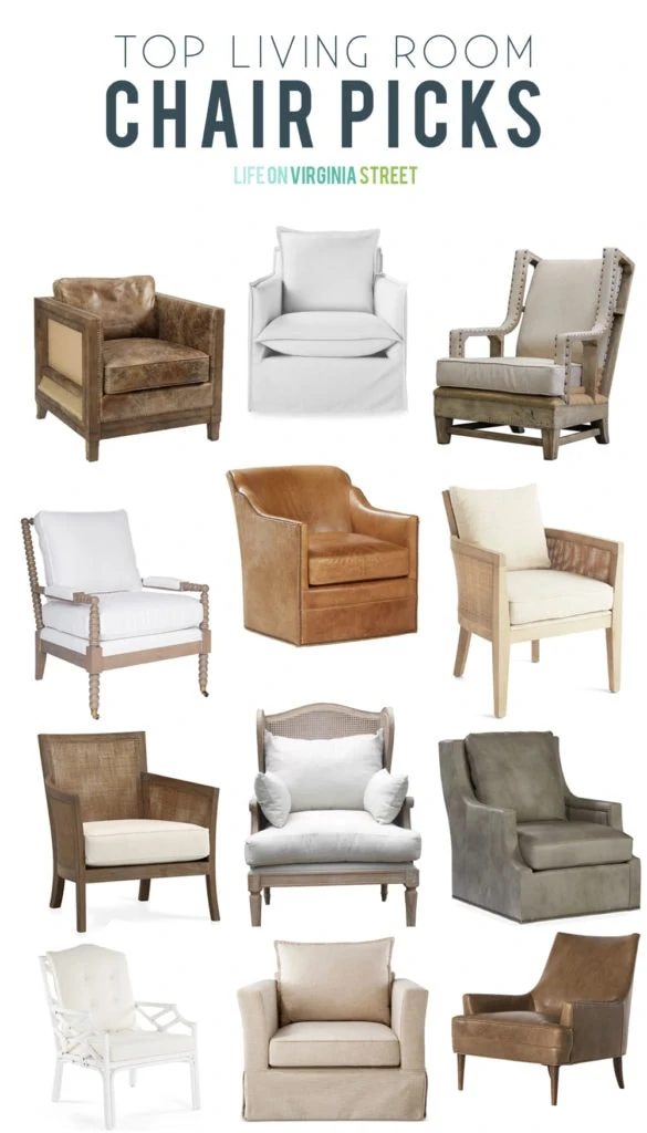 A collection of living room chairs perfect for coastal or beachy style traditional homes. Includes a variety of cane chairs, spindle chairs, leather chairs and upholstered chairs poster.