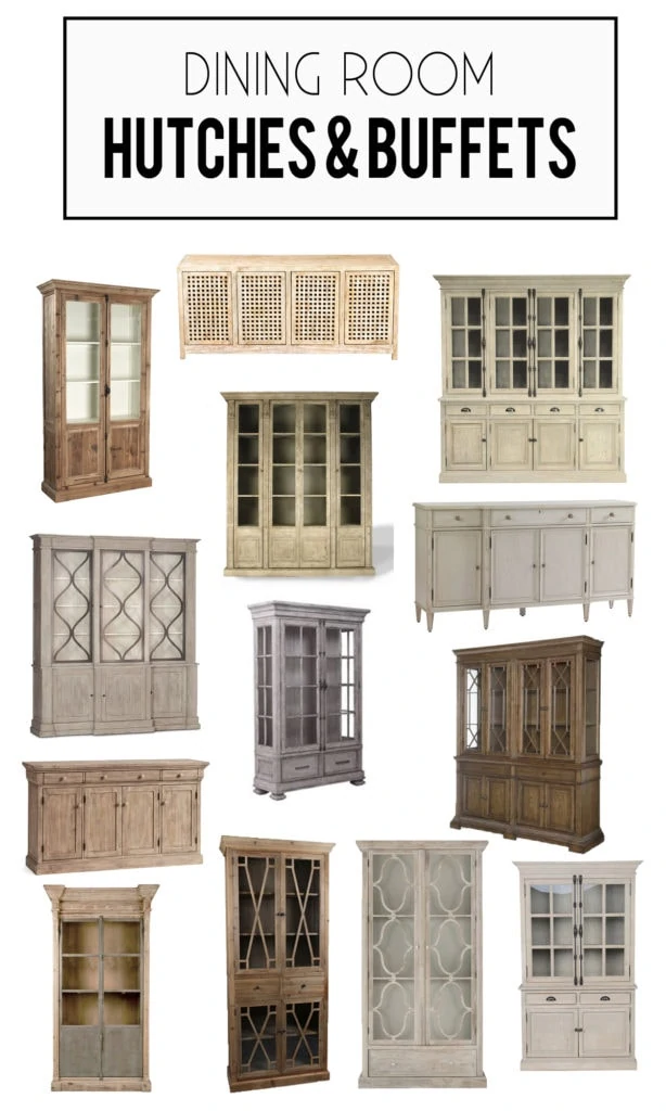 A collection of wood and reclaimed wood dining room hutch and buffets.