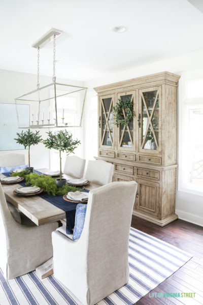 Blue and white dining room with reclaimed wood dining room hutch. This post offers several alternatives to this gorgeous piece, at a variety of price points.