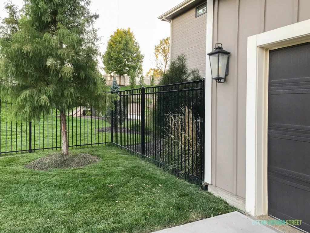 The outside of the garage door which is dark brown and a patch of grass and a tree beside it.