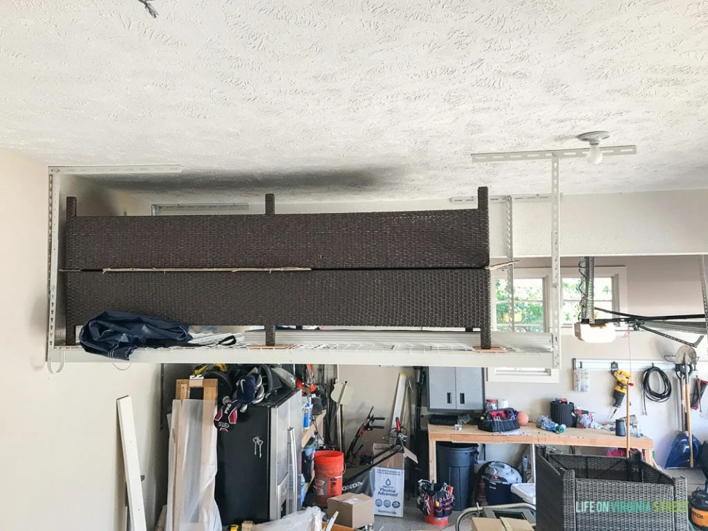 Overhead shelves in garage.