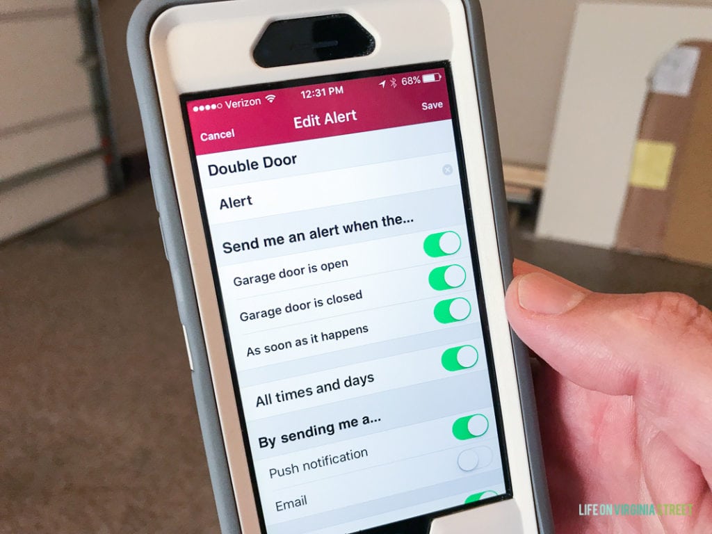 Liftmaster garage door app opened on phone.