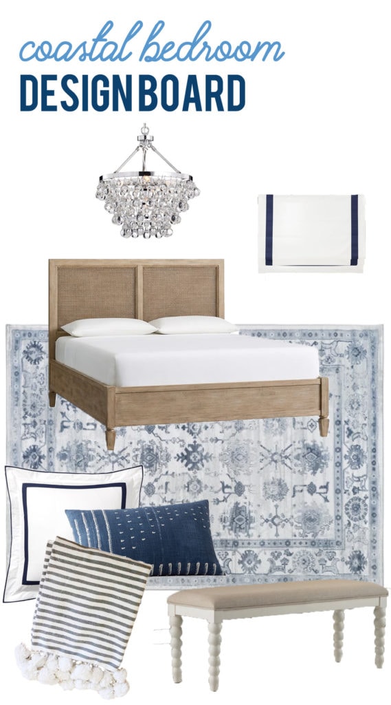 This gorgeous blue and white coastal bedroom design board offers the perfect plan and foundation to create a dream bedroom!