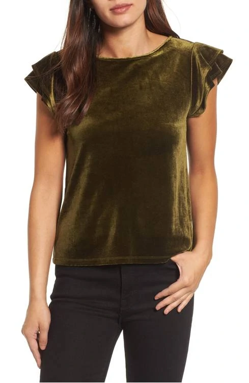 This cute flutter sleeve velvet top is perfect for the holidays! 