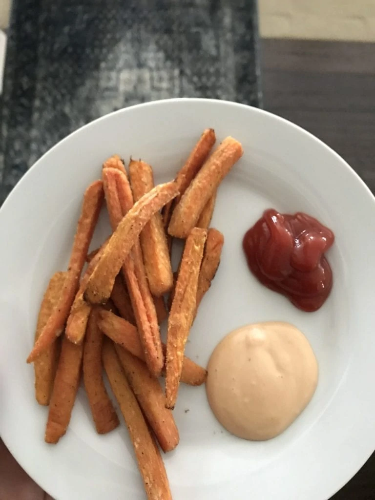 These carrot fries were our weekend substitute for french fries. Not the same, but still good!