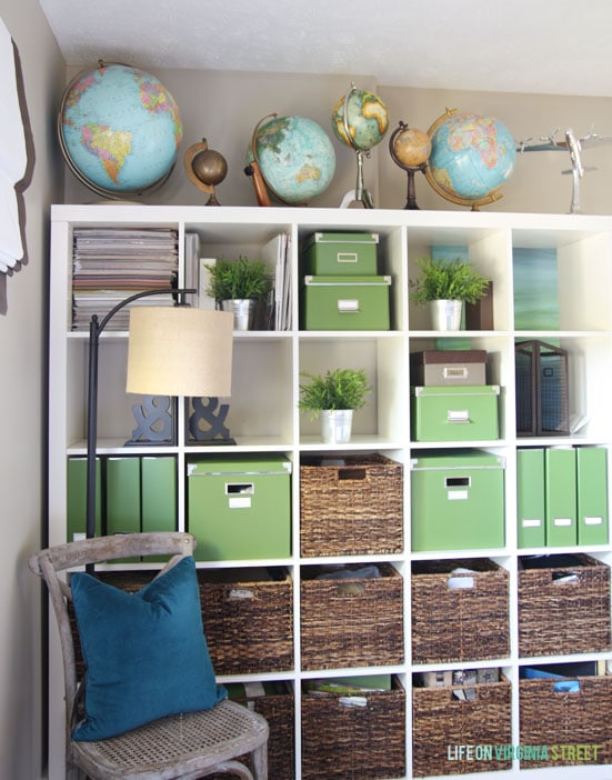 I don't love this giant shelf - it's really just a junk collector. I'm going to clean out each of the boxes and baskets and sell it soon!