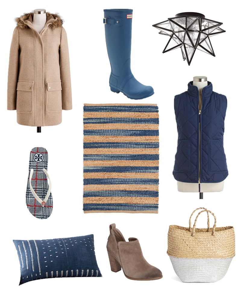 Top picks for sales this weekend! Beautiful camel colored winter coat, Hunter rainbow in Navy, gorgeous striped rug, beautiful home decor basket, and amazing lighting fixture are just some of the awesome sale items!