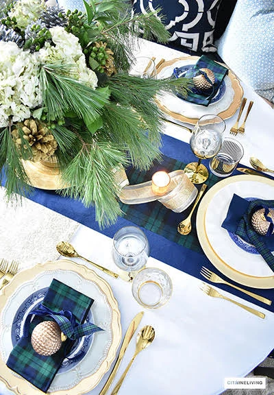 Blue and green Christmas tablescape from Citrine Living.