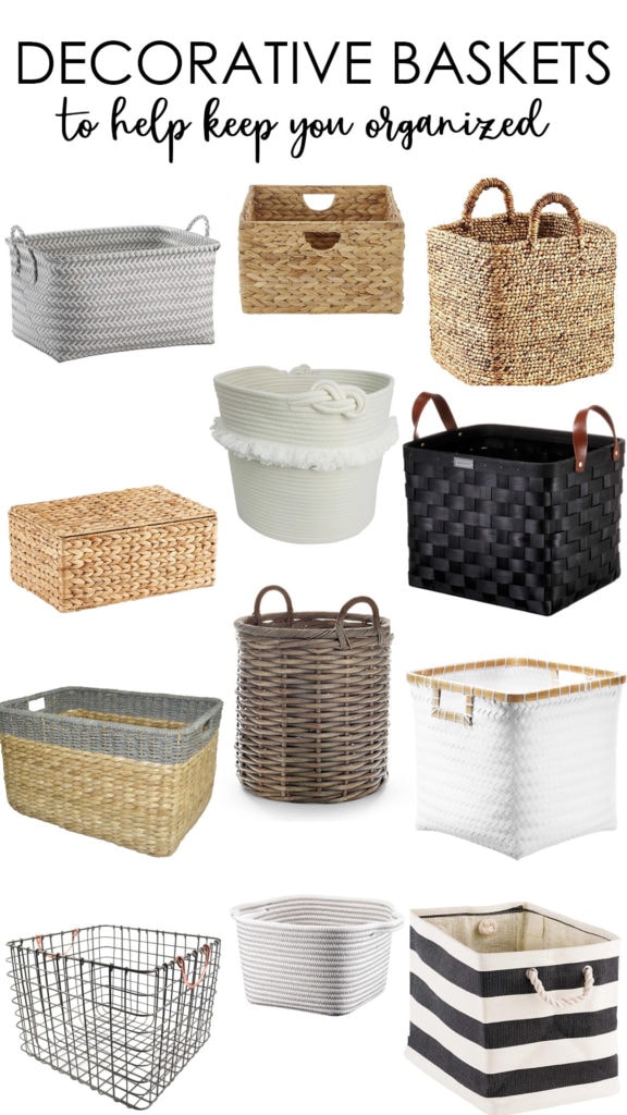 Decorative baskets to help keep you organized poster with a variety of baskets pictured.