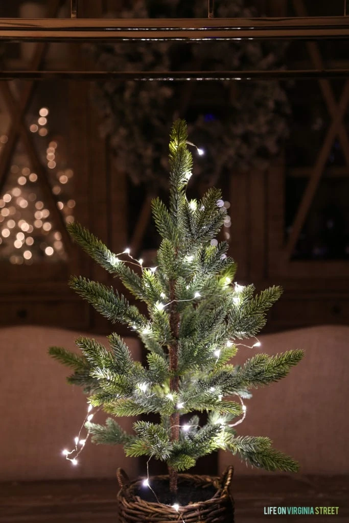 Little Christmas tree in a wicker pot with white lights.