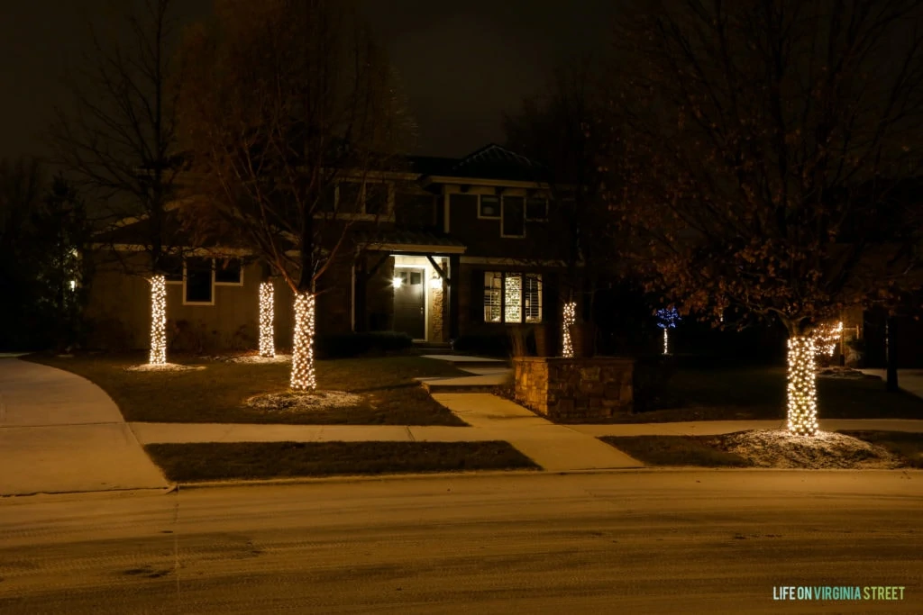 Outside a house with tree trunks lit up with white lights.