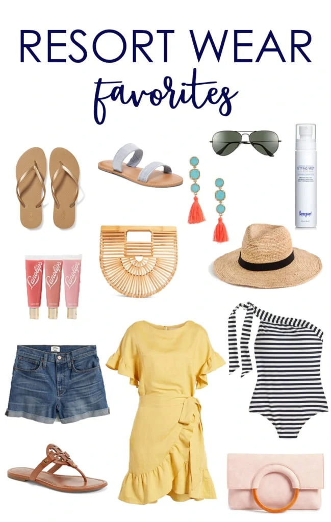  Resort wear favorites with a yellow dress, a striped bathing suit, sandals, sun glasses and jean shorts featured.