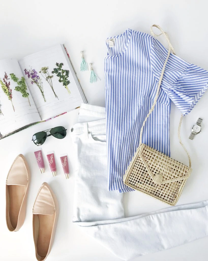 Spring outfit inspiration with blue and white striped ruffle sleeve blouse, white toothpick jeans, nude loafers, straw crossbody bag, aviator sunglasses, aqua tassel earrings and pink lip glosses.