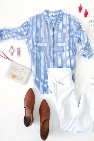 Blue and white striped linen shirt, white skinny jeans, leather booties, happy hour clutch, hot pink fringe earrings and MIchele watch. Cute outfit idea for spring!