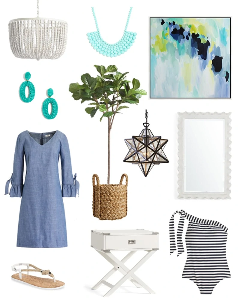Cute styleboard with a chambray dress, blue and green abstract art, a star pendant light, white campaign night stand, white wood bead chandelier, a faux fiddle leaf fig tree, and more!