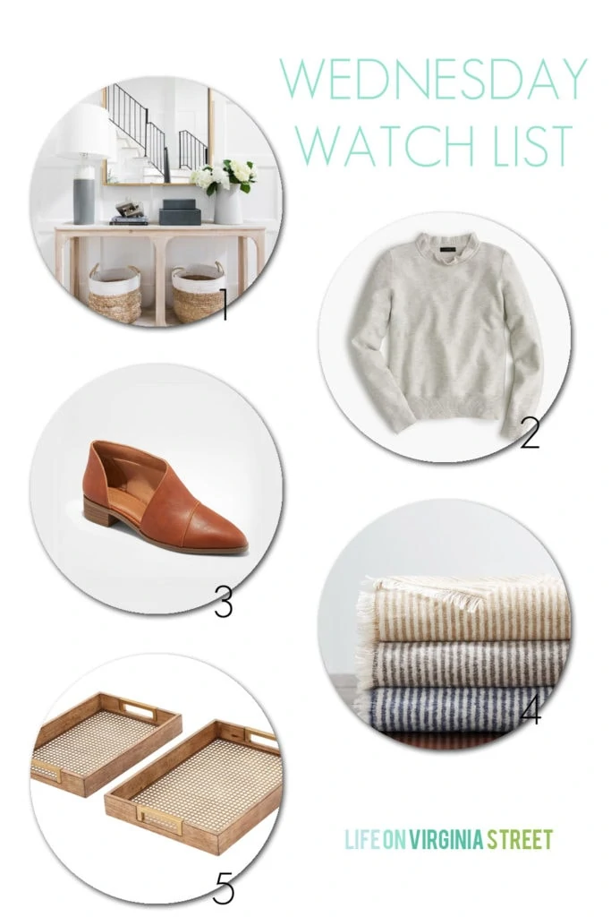 An entryway vignette, a ruffle-neck sweater, bootie looks for less, striped throws and wood and metal trays! So many great finds in this post!