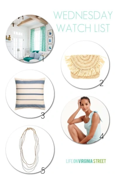 A beachy round-up of a gorgeous beach house tour, an affordable straw clutch, a blue and white striped pillow, a bow-sleeve one shoulder bathing suit and a beautiful glass bead layered necklace.