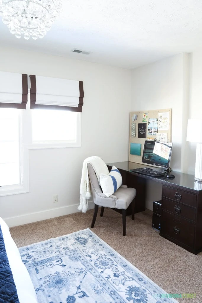 Bedroom office nook with the Pottery Barn Bedford Desk. Walls are Benjamin Moore Classic Gray.