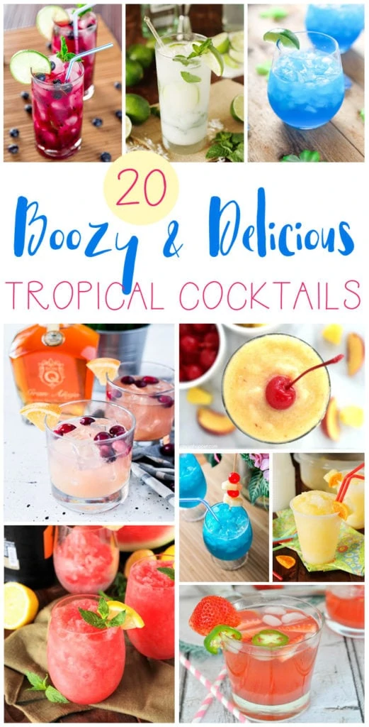 A collection of 20 boozy and delicious tropical cocktail recipes that are perfect for warmer months. These drinks will make you feel like you're on vacation!