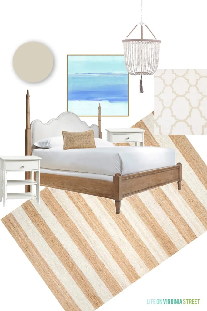 A white bed with wood frame, a beachy picture and a wooden beaded chandelier mood board.